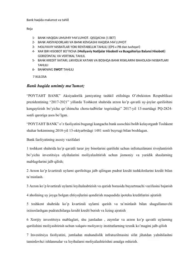 Bank haqida malumot va tahlil