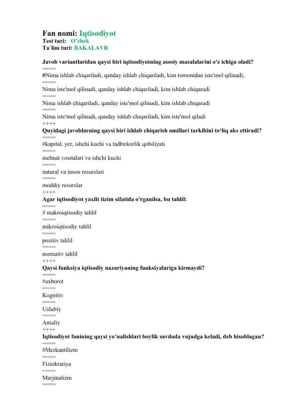 Iqtisodiyot faniga oid testlar to‘plami