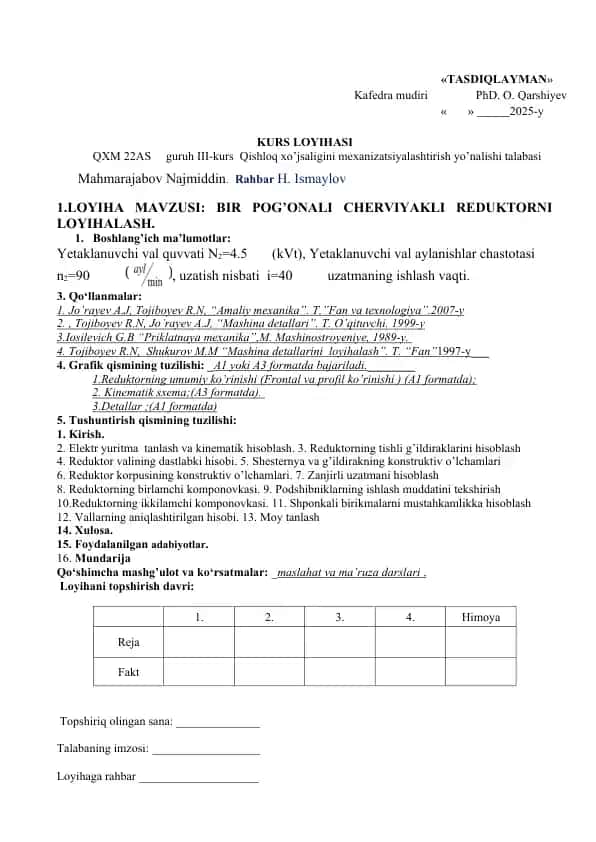 BIR POG’ONALI CHERVIYAKLI REDUKTOR