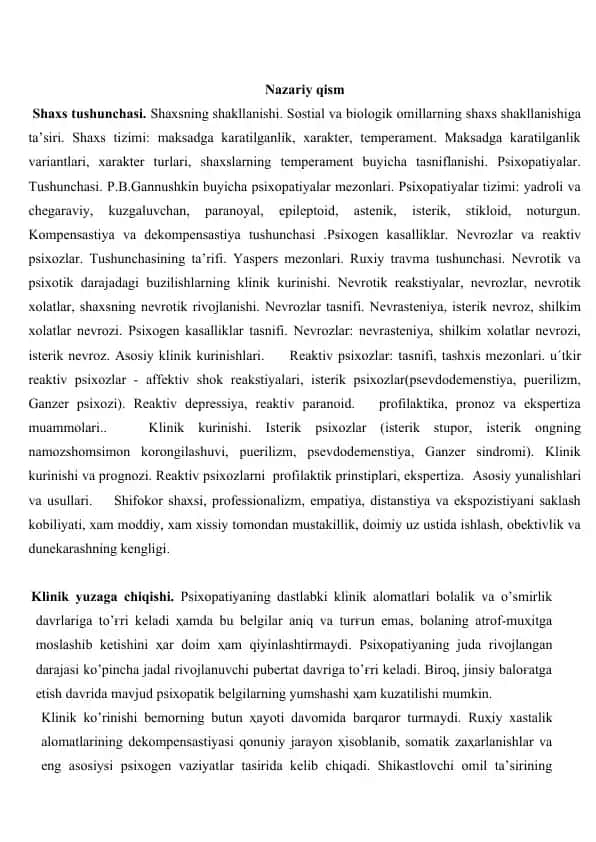 Psixologiya asoslarida Nevrozlar va Psixogen Kasalliklar