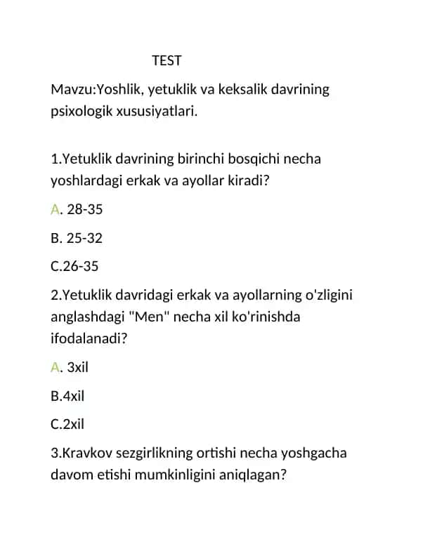 Yoshlik, yetuklik va keksalik davrining psixologik xususiyatlari