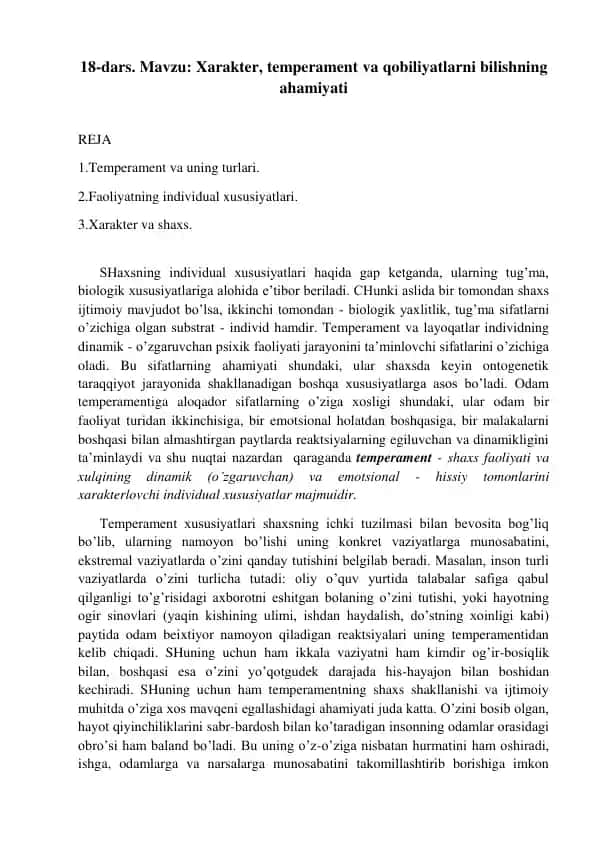 Xarakter, temperament va qobiliyatlarni bilishning ahmiyati
