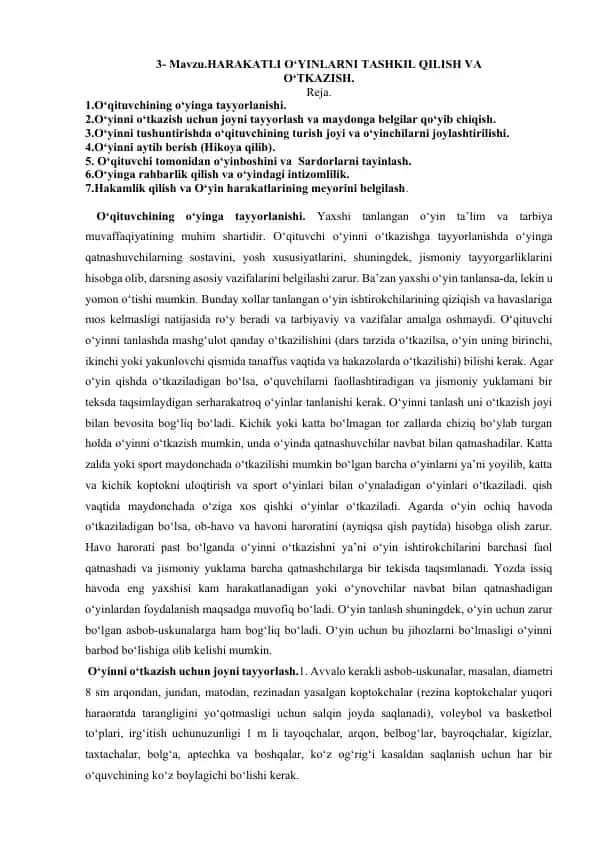 Harakatli O'yinlarni Tashkil qilish va O'tkazish