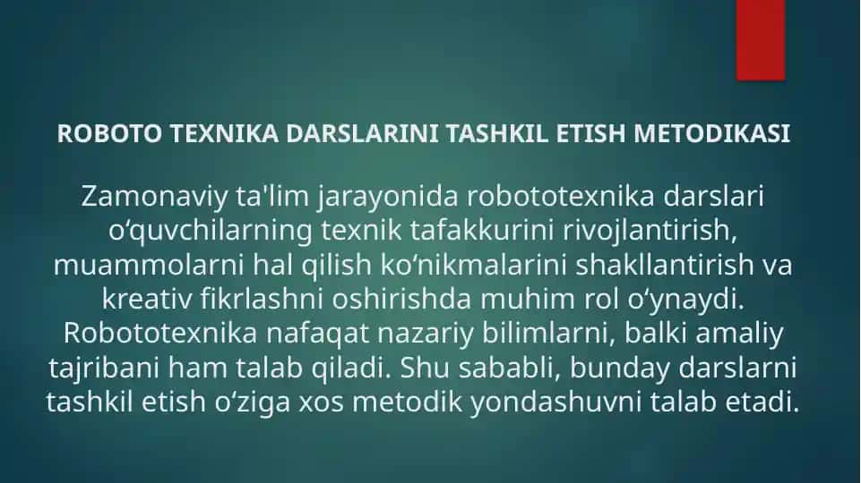 ROBOTO TEXNIKA DARSLARINI TASHKIL ETISH METODIKASI