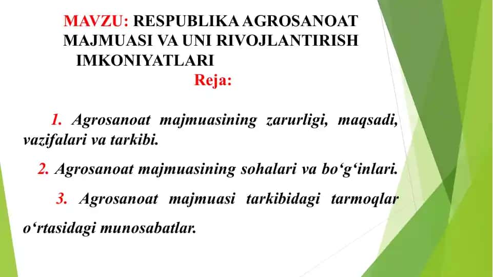 RESPUBLIKA AGROSANOAT MAJMUASI VA UNI RIVOJLANTIRISH IMKONIYATLARI