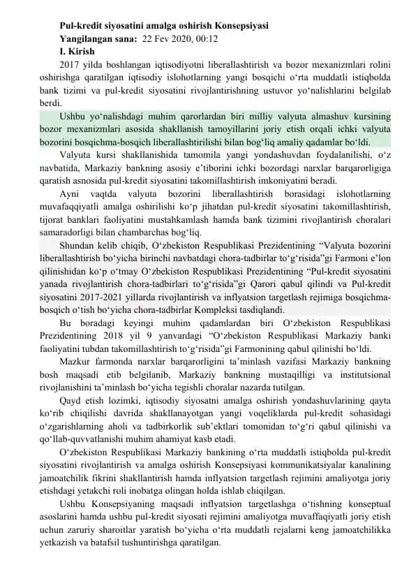 Pul-kredit siyosatini amalga oshirish Konsepsiyasi