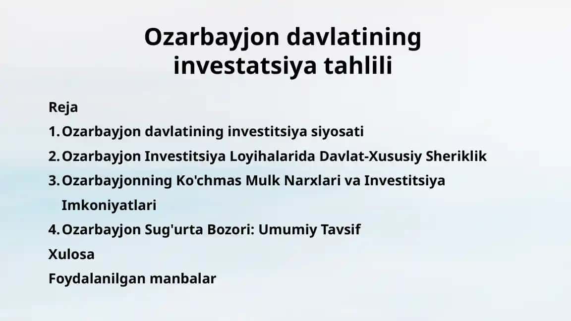 Ozarbayjon Davlatining Investitsiya Siyosati