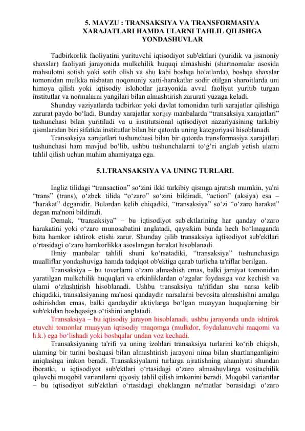 Transaksiya va Transformasiya Xarajatlari