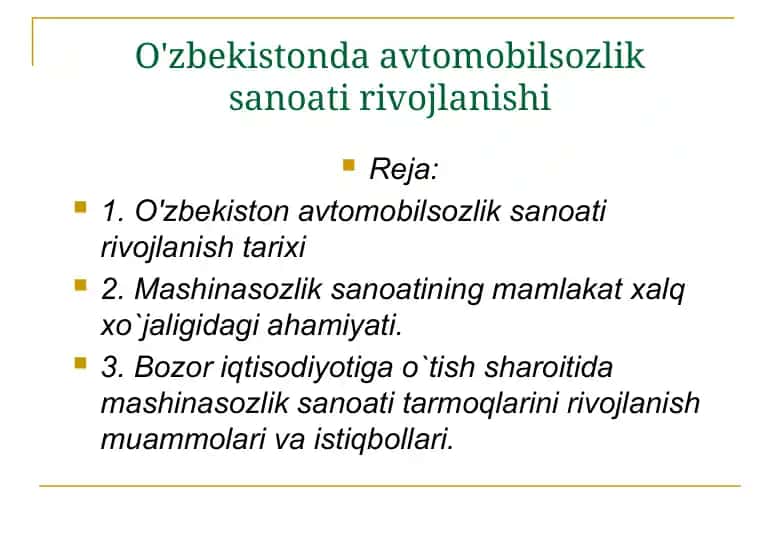 O'zbekistonda avtomobilsozlik sanoati rivojlanishi