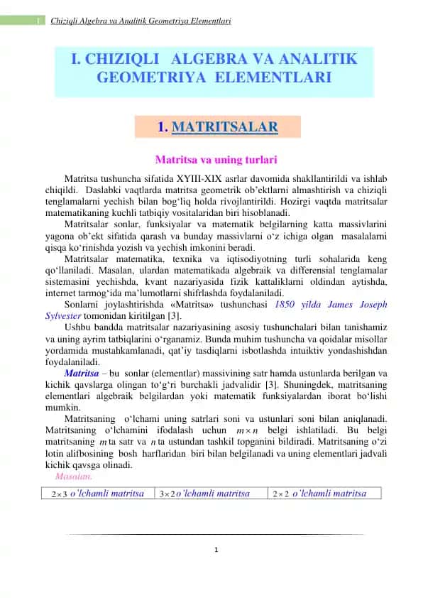Chiziqli Algebra va Analitik Geometriya Elementlari