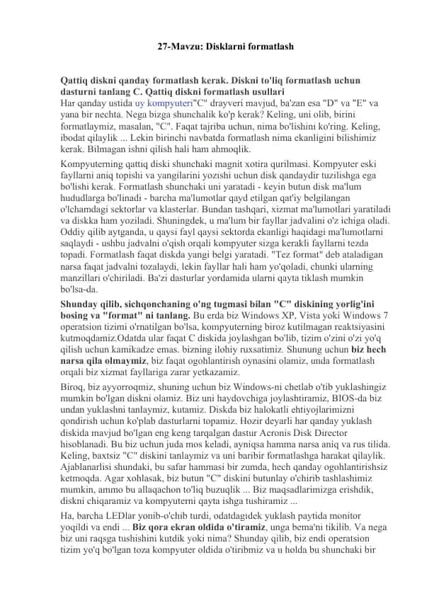 Kompyuter diskni formatlash