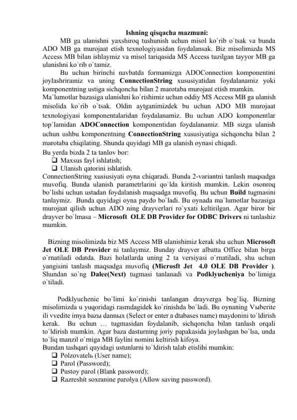MS Access ma'lumotlar bazasiga ulanish