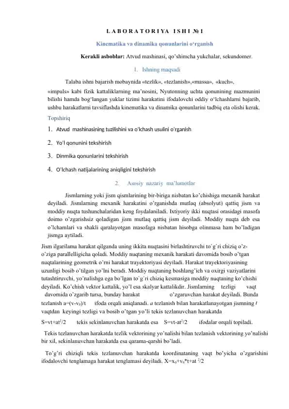 Laboratoriya ishi №1 - Kinematika va dinamika qonunlarini o‘rganish
