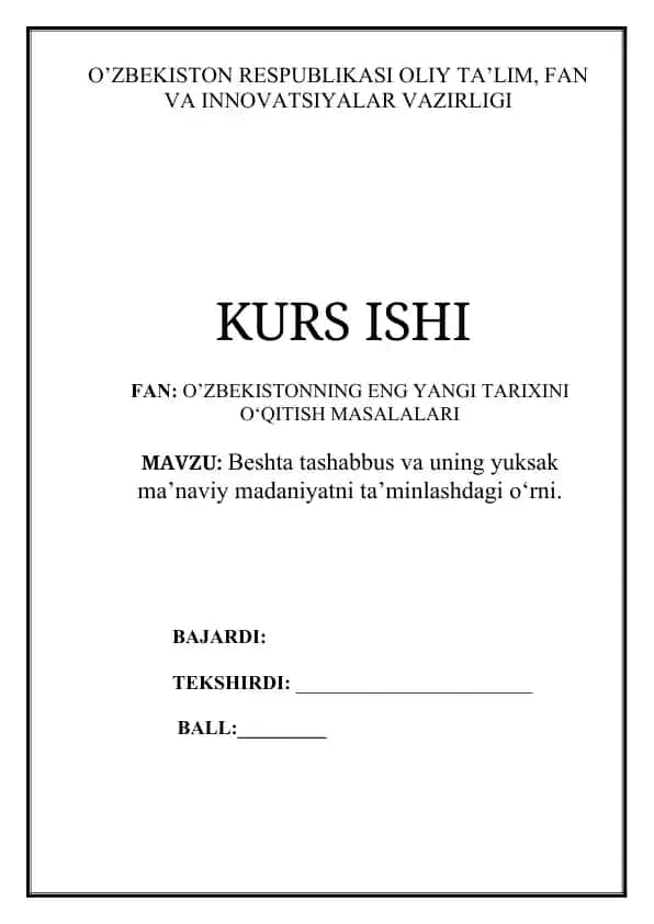Besh Tashabbus va Yuksak Madaniyatni Ta’minlash