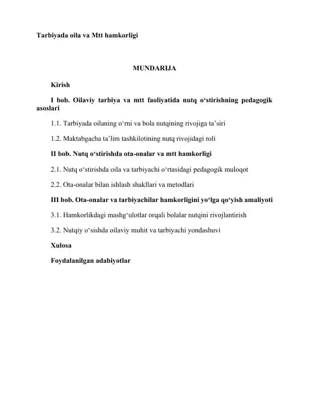 Tarbiyada oila va Mtt hamkorligi
