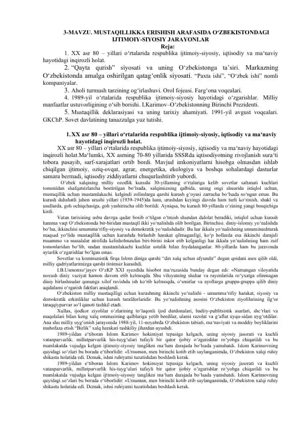 XX asr 80 – yillari oʻrtalarida oʻzbekiston ijtimoiy-siyosiy holati