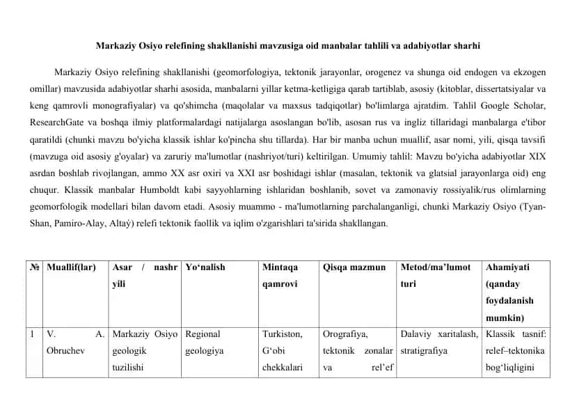 Markaziy Osiyo relefining shakllanishi mavzusiga oid manbalar tahlili va adabiyotlar sharhi 25