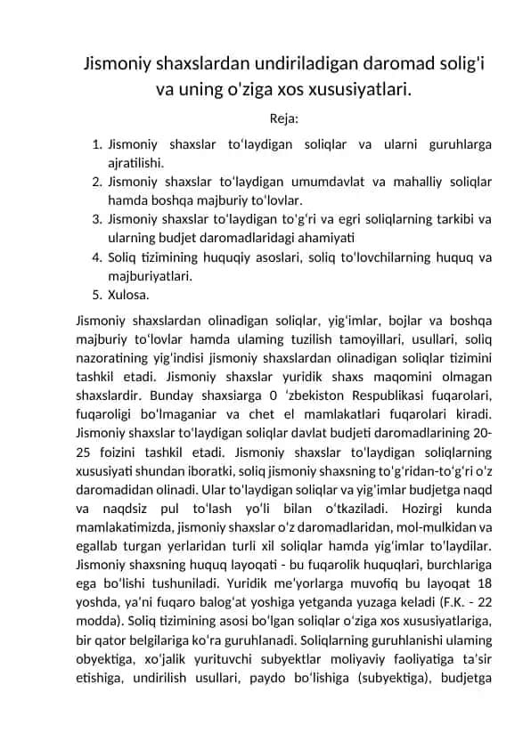 Soliq tizimi va Jismoniy shaxslar