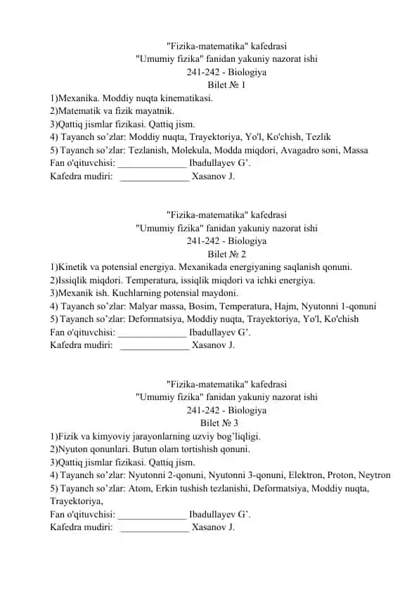 "Fizika-matematika" kafedrasi "Umumiy fizika" fanidan yakuniy nazorat ishi - Bilet № 2