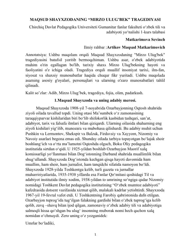 "Mirzo Ulug'bek" tragediyasi