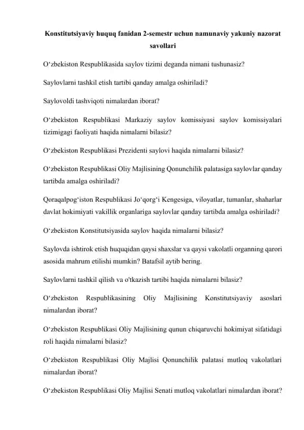 Konstitutsiyaviy huquq fanidan 2-semestr uchun namunaviy yakuniy nazorat savollari