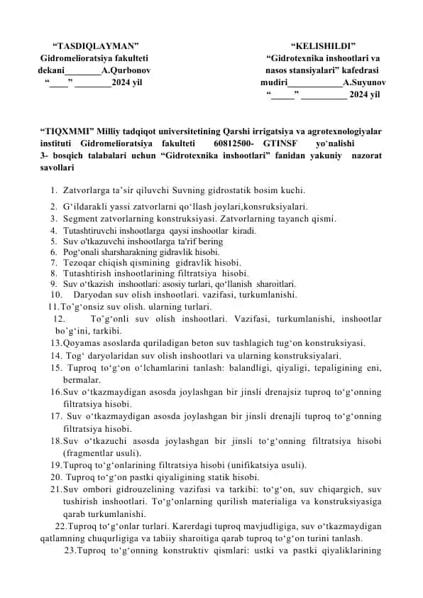 Gidromelioratsiya nazorat savollari