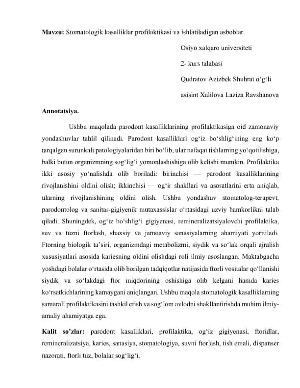 Stomatologik kasalliklar profilaktikasi va ishlatiladigan asboblar