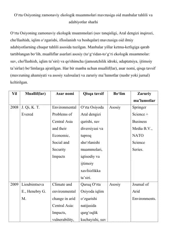 O‘rta Osiyoning zamonaviy ekologik muammolari mavzusiga oid manbalar tahlili va adabiyotlar sharhi