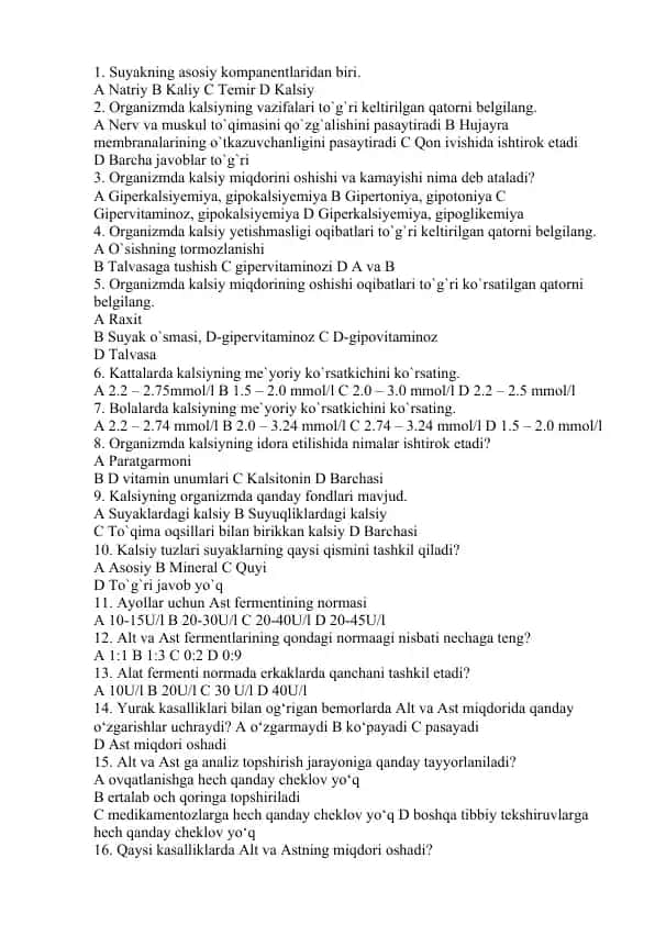 Kalsiy va biologik fermentlarga oid test savollari to‘plami
