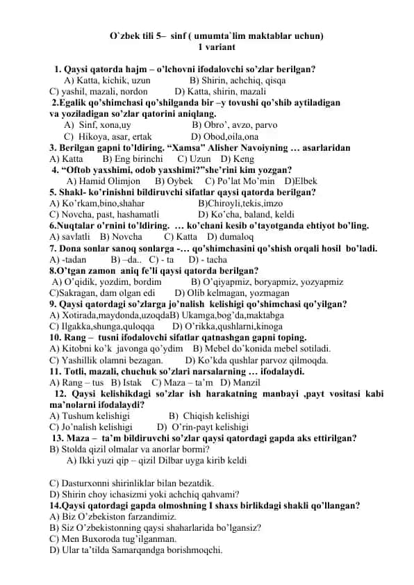 O`zbek tili 5– sinf ( umumta`lim maktablar uchun)
