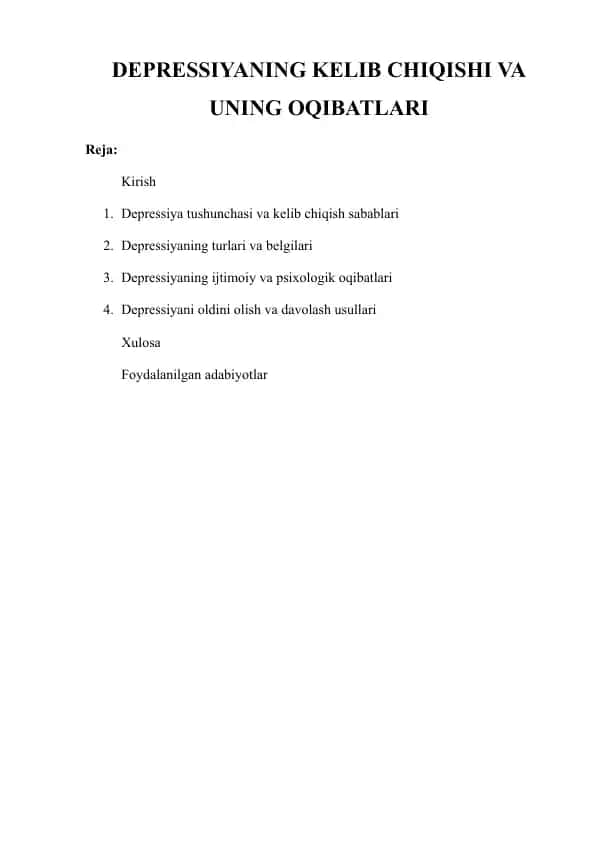 DEPRESSIYANING KELIB CHIQISHI VA UNING OQIBATLARI