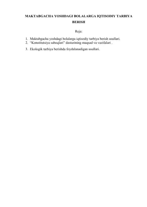 Maktabgacha yoshdagi bolalarga iqtisodiy tarbiya berish