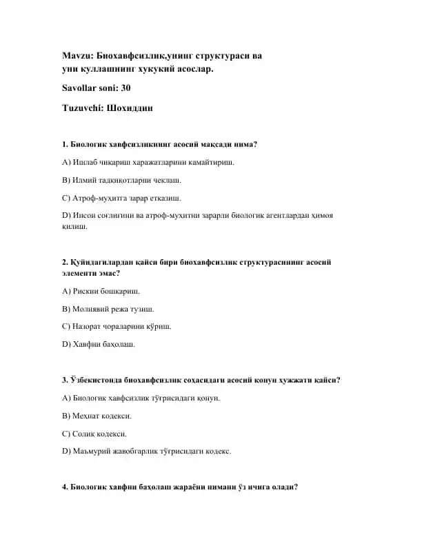 Биохавфсизлик, унинг структураси ва уни куллашнинг хукукий асослар