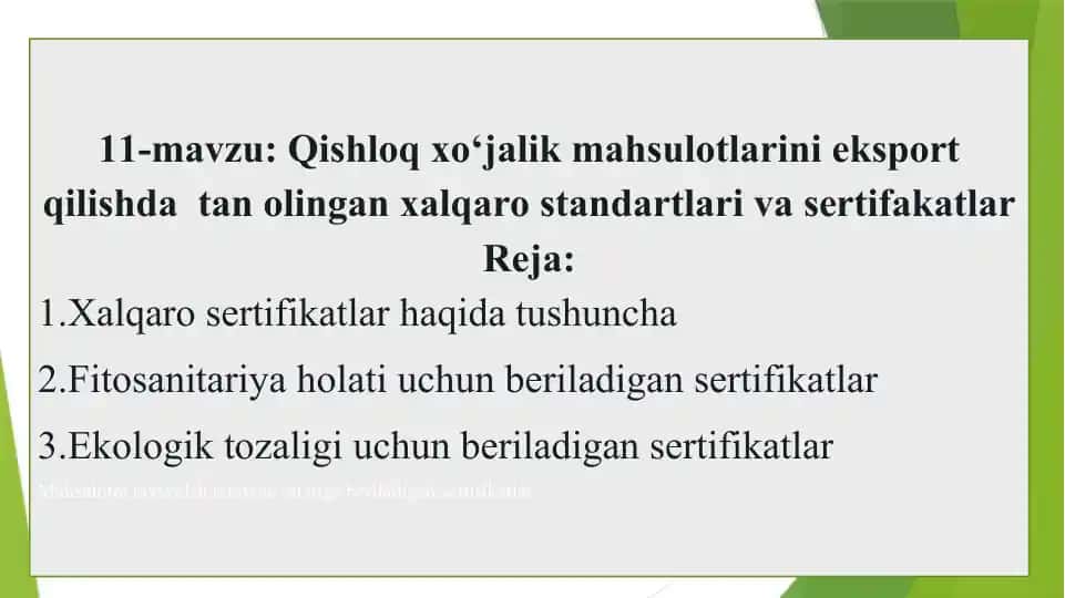 Qishloq xo‘jalik mahsulotlarini eksport qilishda xalqaro standartlar va sertifikatlar