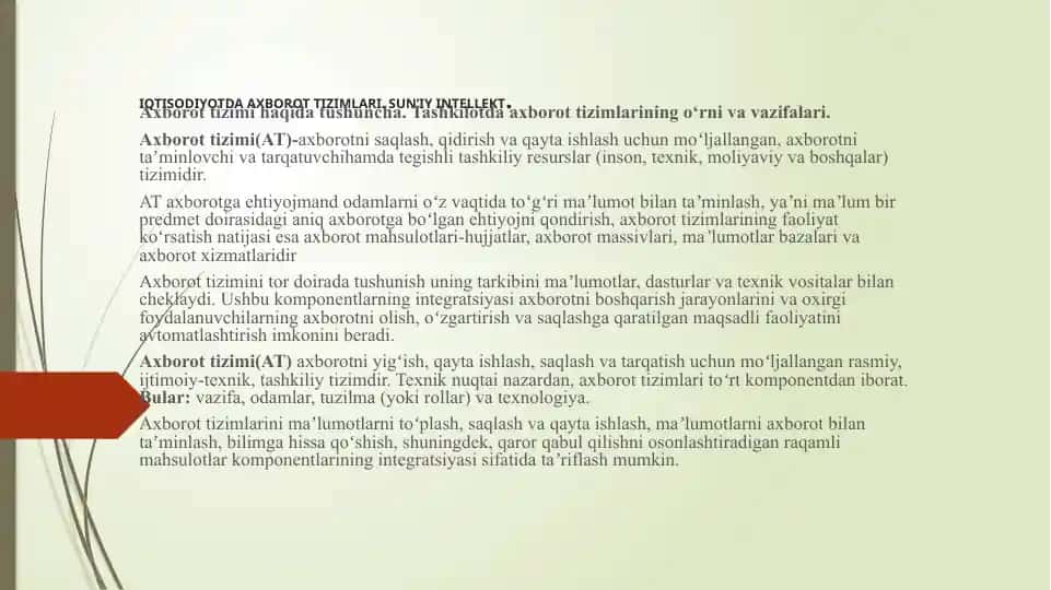 IQTISODIYOTDA AXBOROT TIZIMLARI. SUN’IY INTELLEKT.
