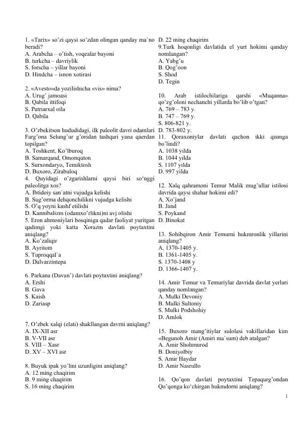 Tarix Test Savollari