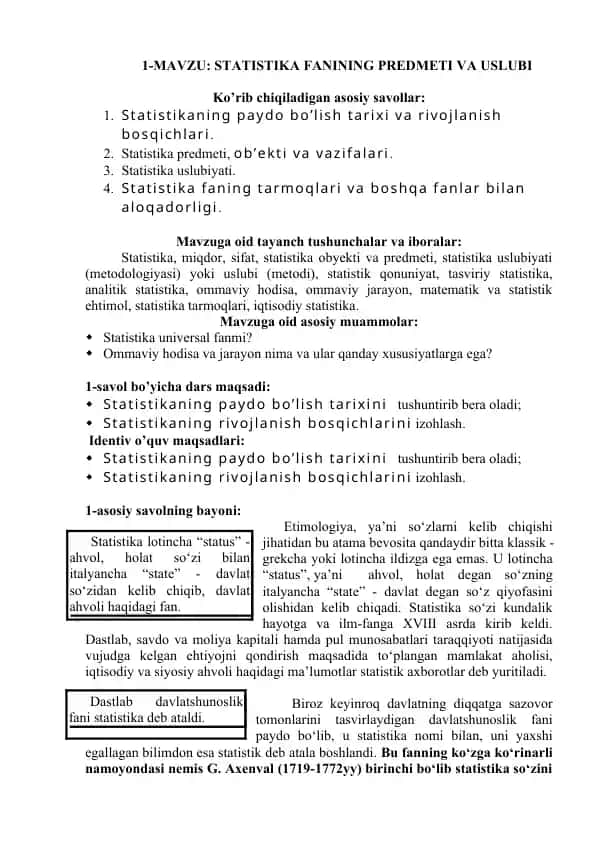 Statistika fanining predmeti va uslubi