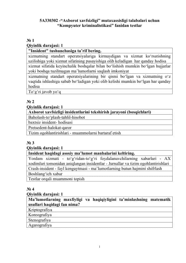 "Axborot xavfsizligi" mutaxassisligi talabalari uchun “Kompyuter kriminalistikasi” fanidan testlar