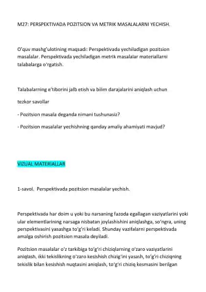 Perspektivada Pozitsion va Metrik Masalalarni Yechish