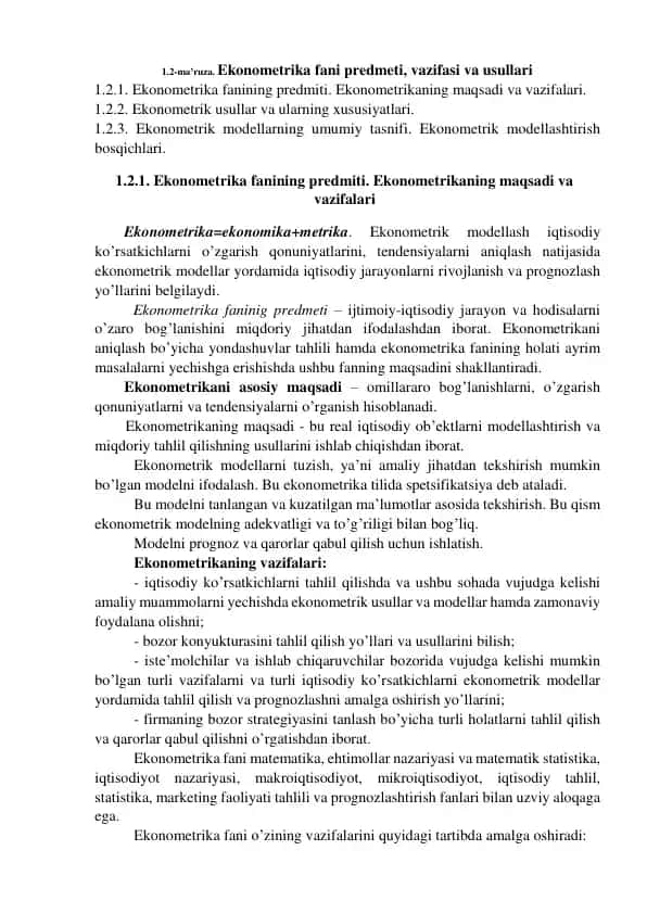 Ekonometrika fani predmeti, vazifasi va usullari