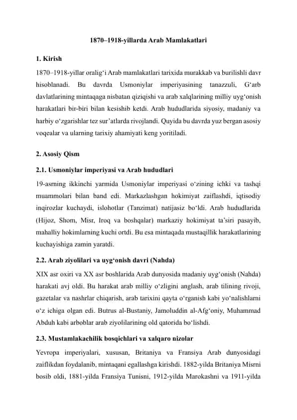1870–1918-yillarda Arab Mamlakatlari