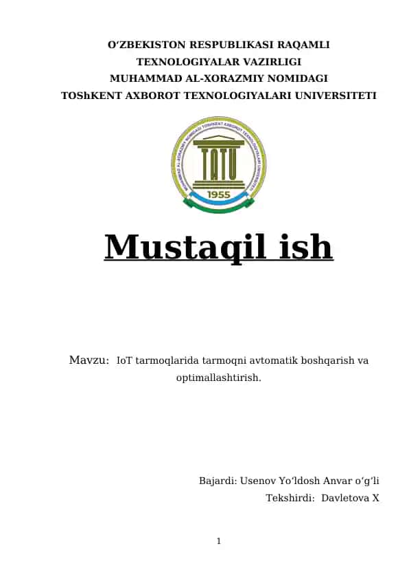 IoT tarmoqlarida tarmoqni avtomatik boshqarish va optimallashtirish