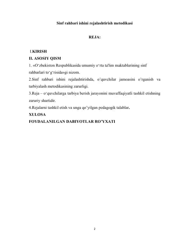 Sinf rahbari ishini rejalashtirish metodikasi