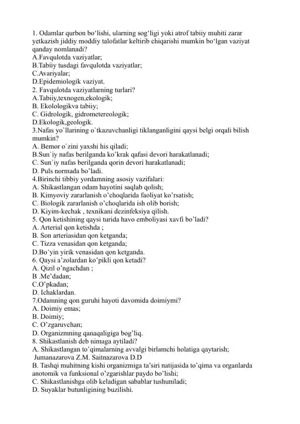 Favqulotda Vaziyatlar va Birinchi Tibbiy Yordamning Asosiy Vazifalari