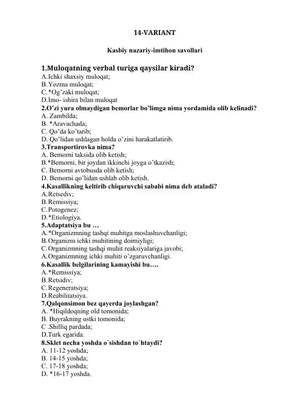 Kasbiy nazariy-imtihon savollari
