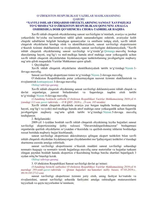 Xavfli ishlab chiqarish obyektlarining sanoat xavfsizligi to'g'risida