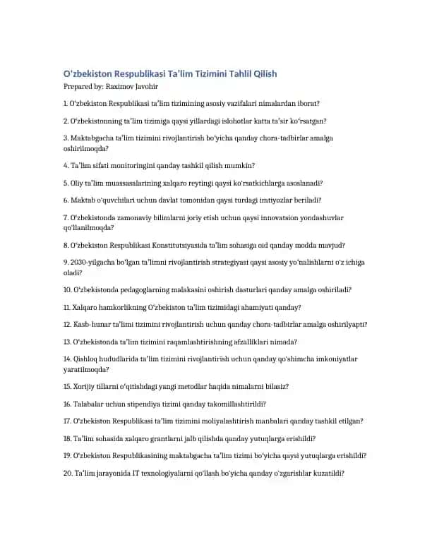 Oʻzbekiston Respublikasi Taʼlim Tizimini Tahlil Qilish
