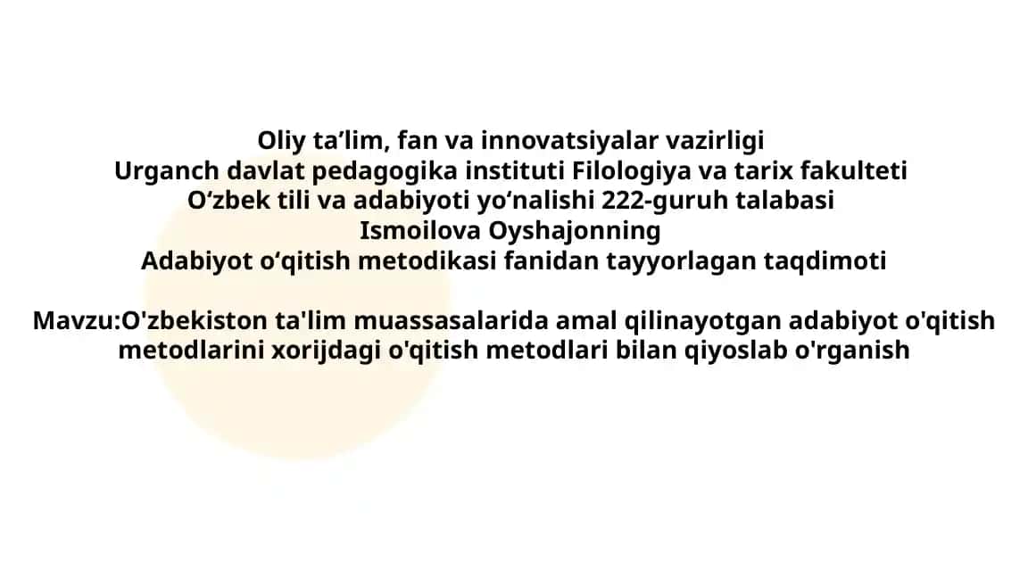 Adabiyot o'qitish metodikasi taqdimoti