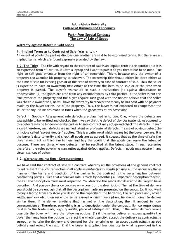 The Law of Sale of Goods and The Law of Insurance