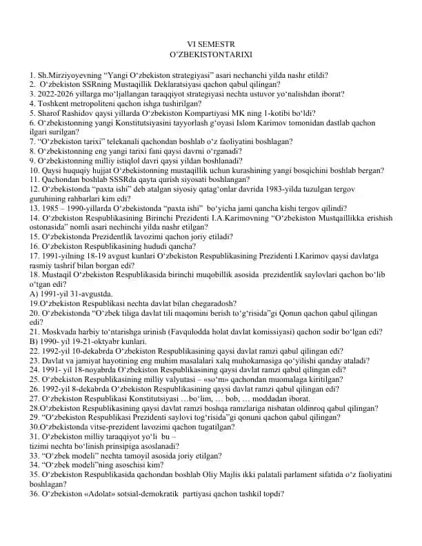 O'zbekiston tarixi VI semestr test savollari
